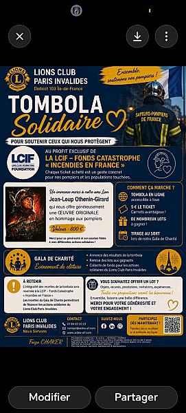 🦁 TOMBOLA SOLIDAIRE – LIONS CLUB PARIS INVALIDES Au profit exclusif de la LCIF – Fonds Catastrophe « Incendies en France »